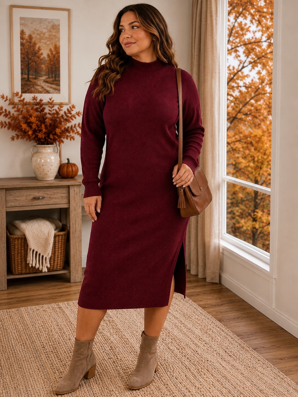 Anrabess Burgundy Ribbed Knit Mock Neck Midi Sweater Dress Large Side Slit